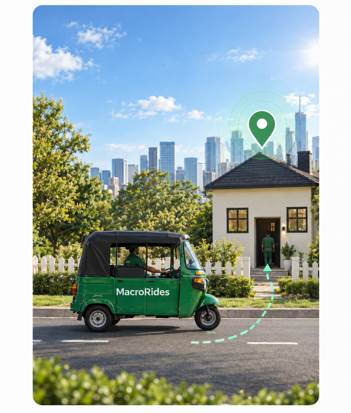 MacroRides electric rickshaw arriving for a doorstep pickup